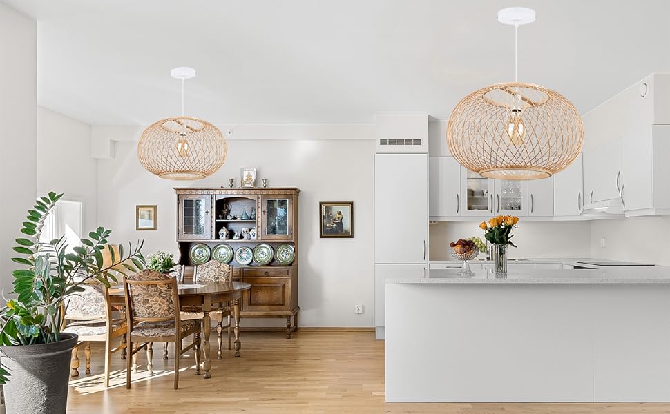 (M)Bamboo Pendant Lighting Globe Shade Boho Rattan Hanging Lights Fixture E27 for Kitchen Island