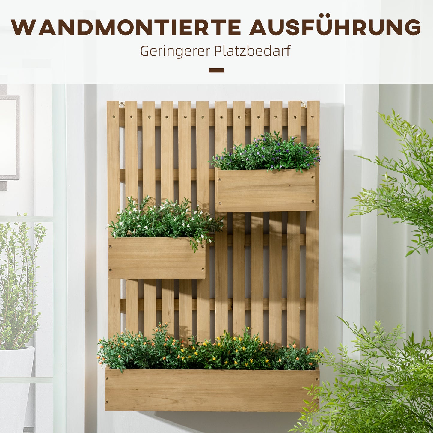Flower box with trellis, movable raised bed made of solid wood, 60 x 16 x 80 cm, perfect for terraces and balconies, natural color
