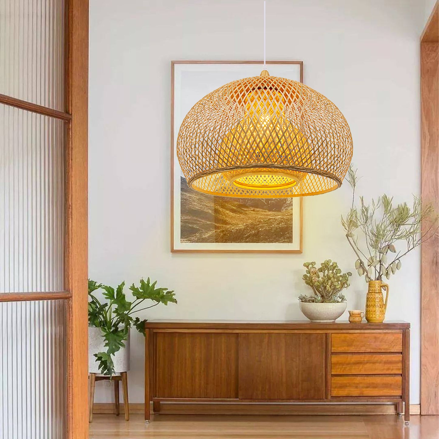 (M)Bamboo Pendant Ligting Dome Hand-Woven E26 Sigle Transitional Minimalist Boho Hanging Light for Dining Room Restaurant Hallway