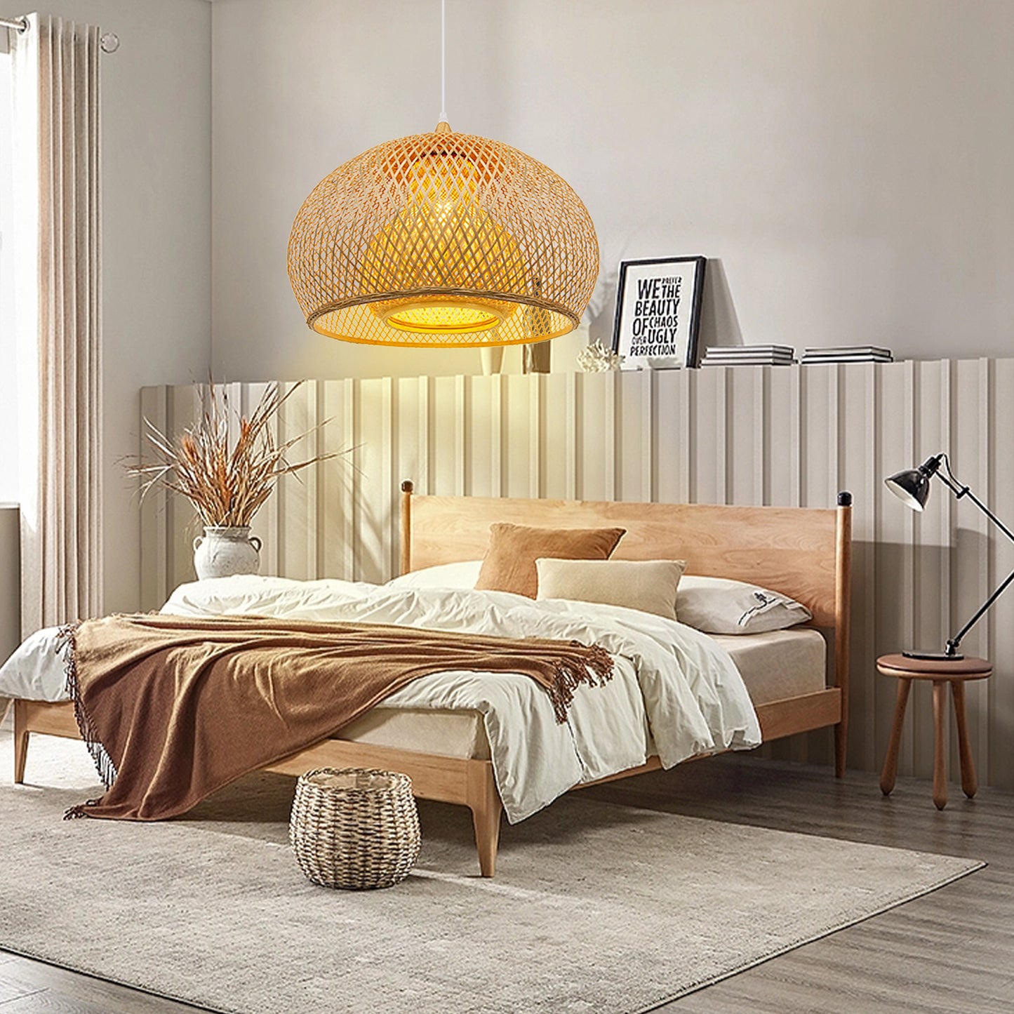 (M)Bamboo Pendant Ligting Dome Hand-Woven E26 Sigle Transitional Minimalist Boho Hanging Light for Dining Room Restaurant Hallway