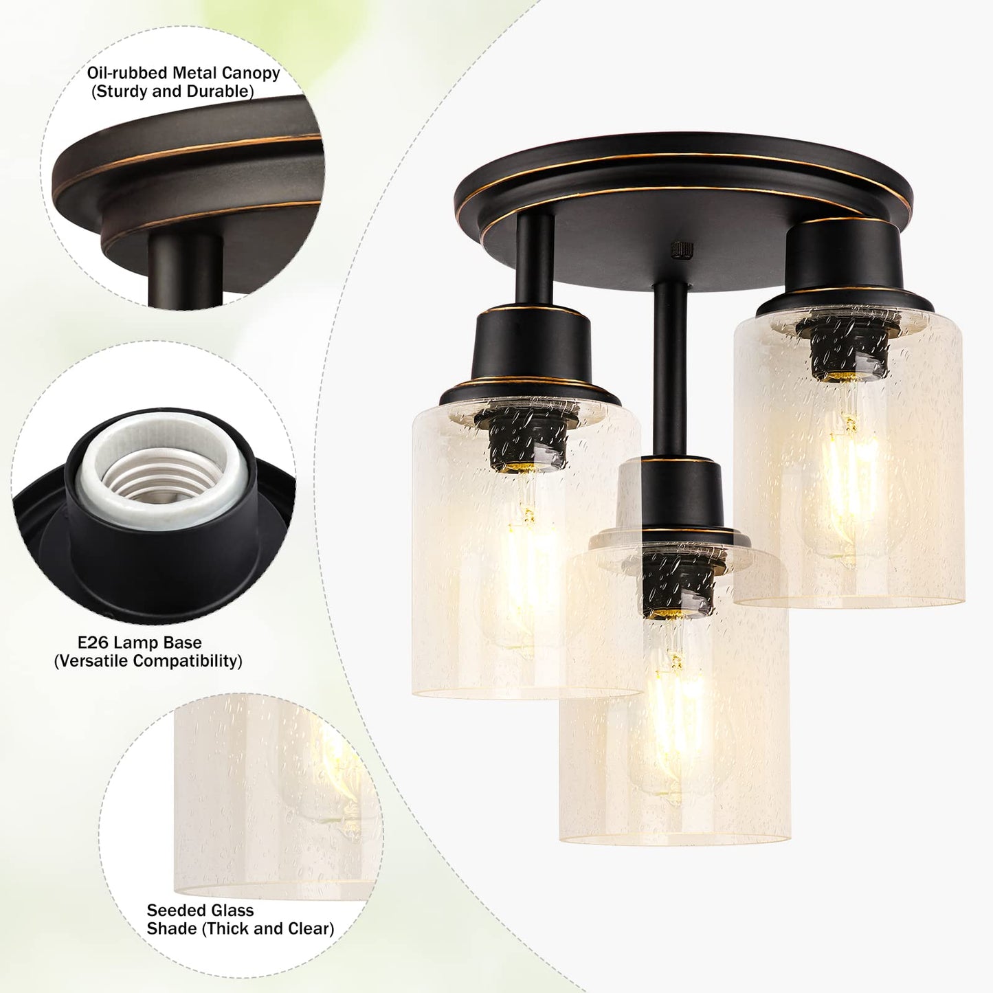 (Y)Semi Recessed Ceiling Lights, 3 Lights Near Ceiling Fixture, Matte Black Kitchen Light Fixture With Clear Glass Shade, Hallway Light Fixture Ceiling Mount Foyer Entrance Way