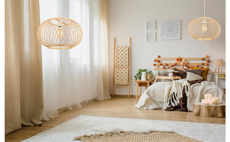 (M)Bamboo Pendant Lighting Globe Shade Boho Rattan Hanging Lights Fixture E27 for Kitchen Island