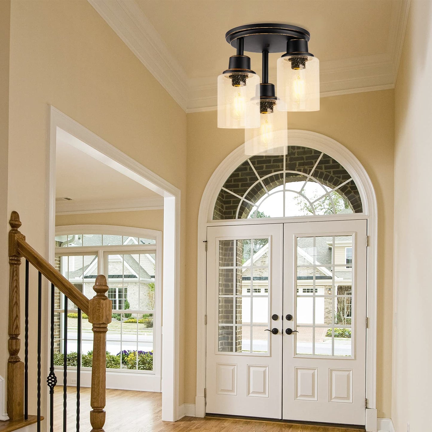 (Y)Semi Recessed Ceiling Lights, 3 Lights Near Ceiling Fixture, Matte Black Kitchen Light Fixture With Clear Glass Shade, Hallway Light Fixture Ceiling Mount Foyer Entrance Way
