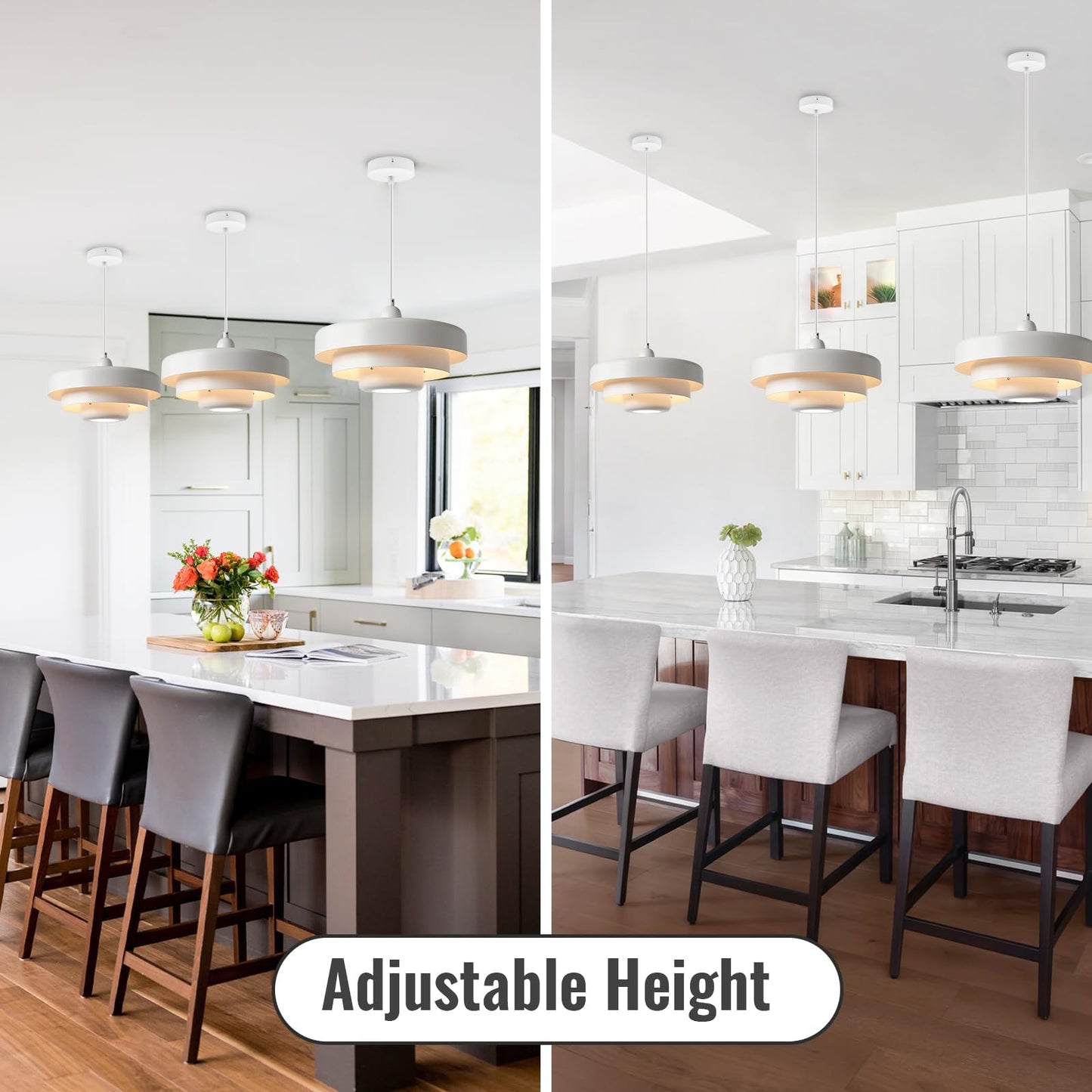 (Y)13.8 Inch Pendant Light White Mid Century Modern Pendant Ceiling Light Strip 3 Tier Metal Shade, Adjustable Scandinavian Pendant Light for Dining Room Living Room Hallway