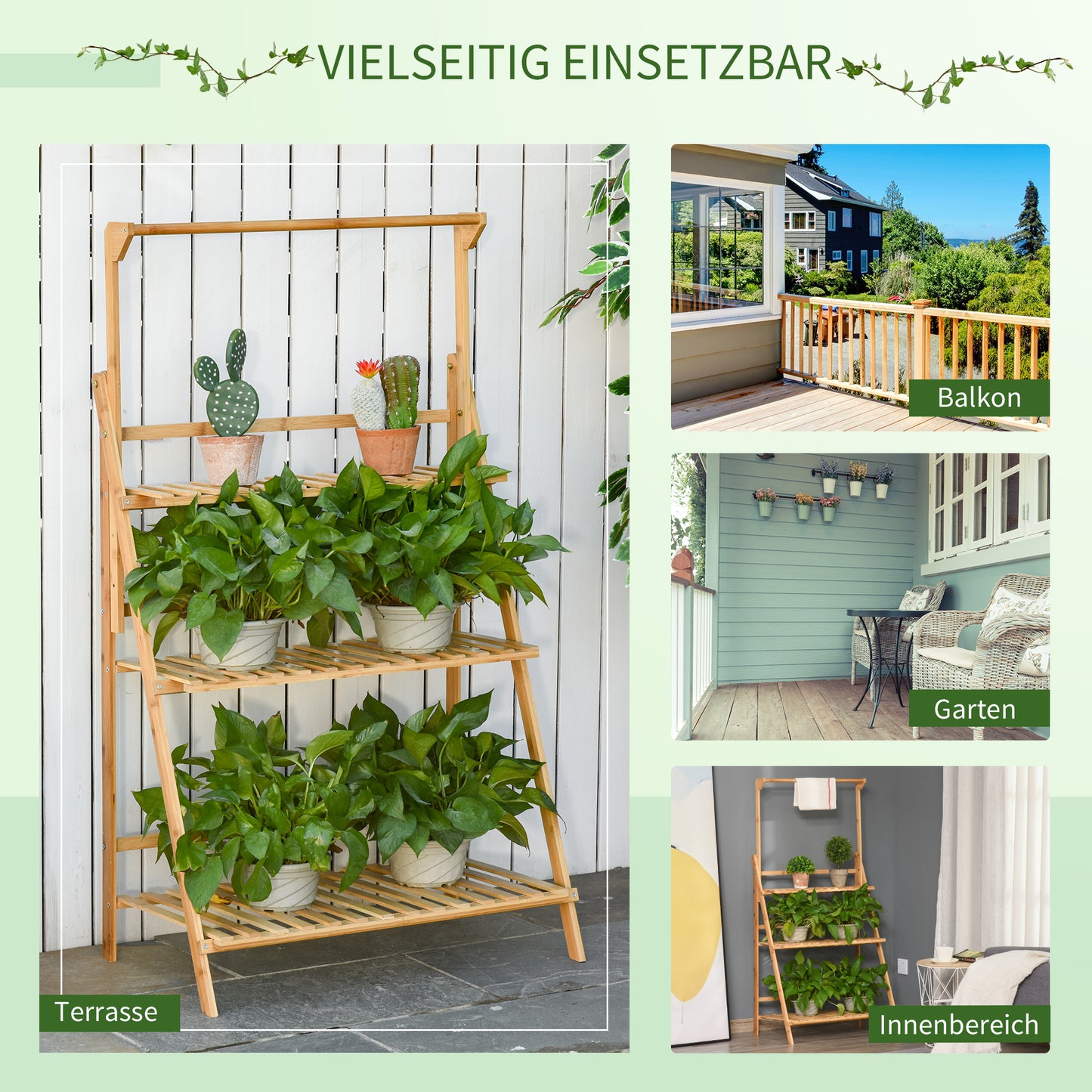 Flower staircase wooden plant stand ladder shelf 70 x 40 x 143 cm with adjustable hanging height for hanging plants Bamboo Natural