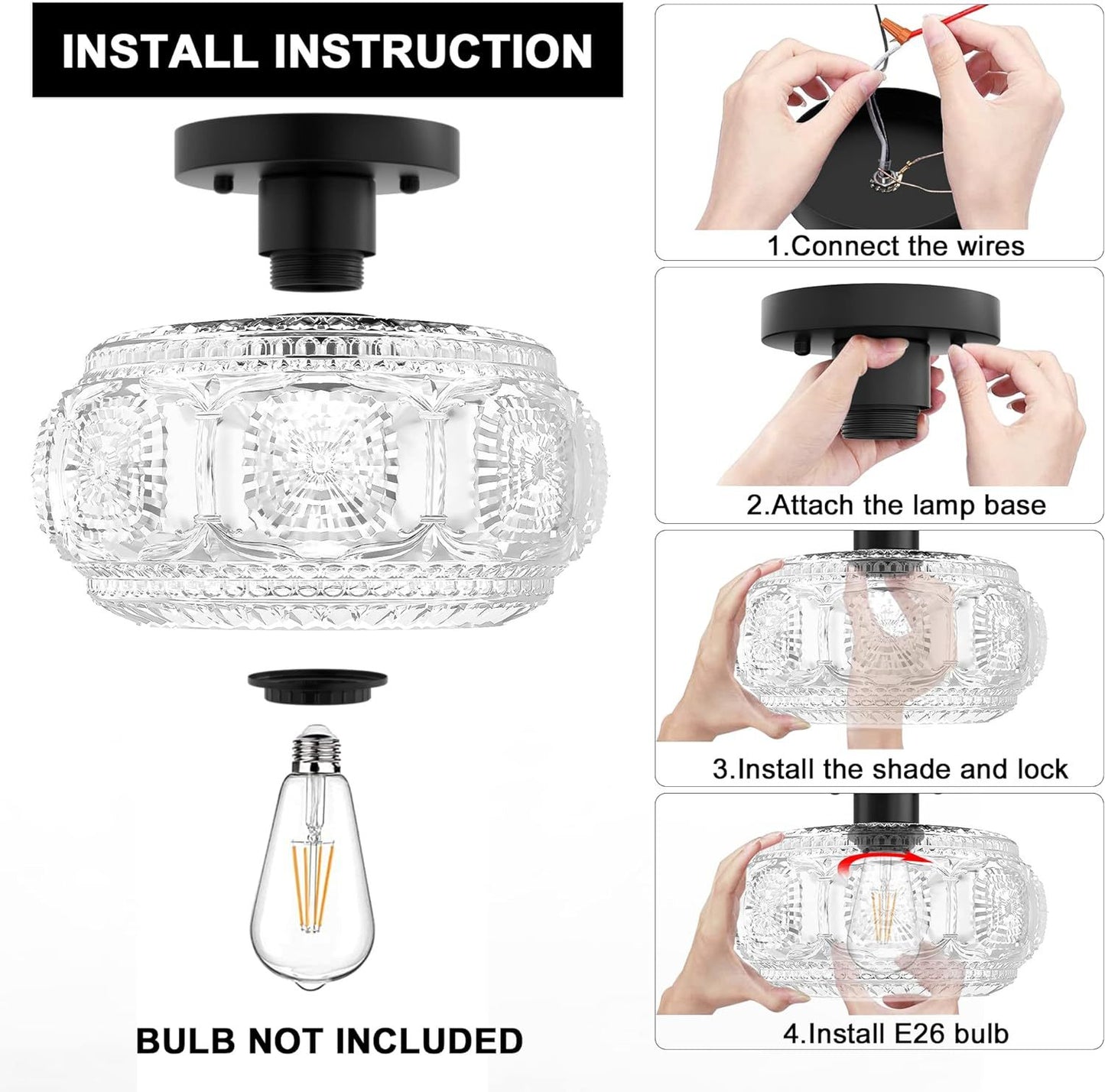 (Y)Semi recessed ceiling light, glass ceiling light fixture, gold modern lighting suitable for hallway kitchen bedroom, bulb not included