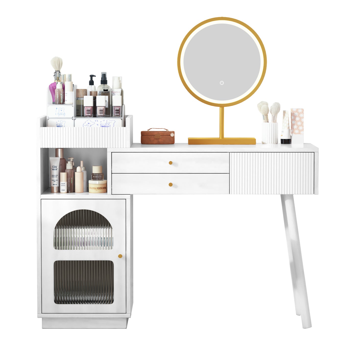 Elegant Vanity Table Set with 3-Color LED Mirror, 3-Drawer Wooden Dressing Table - 120x90x40 cm