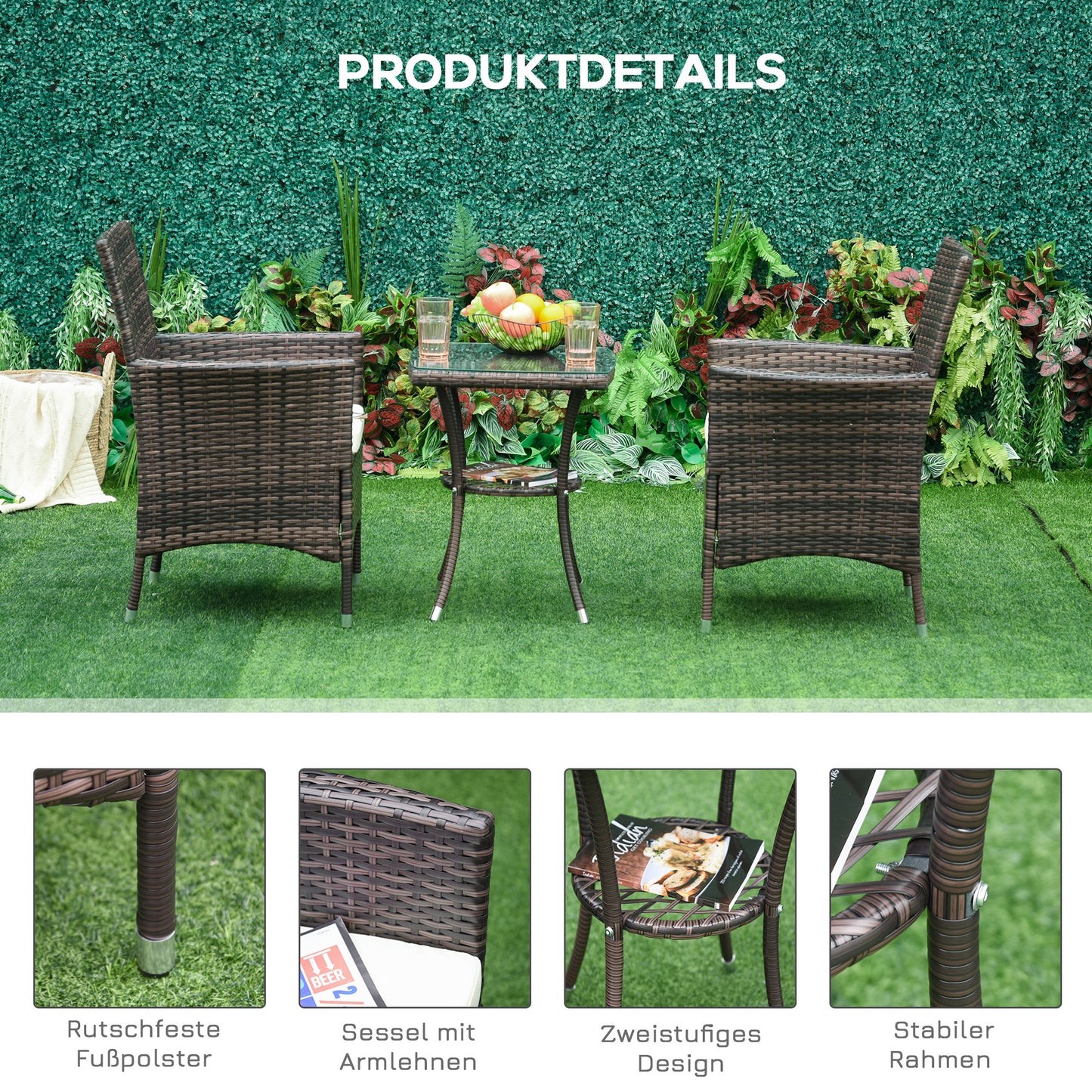 Balcony furniture set, foldable rattan set with seat cushions, brown, 60 x 58.5 x 89.5 cm, for garden and balcony