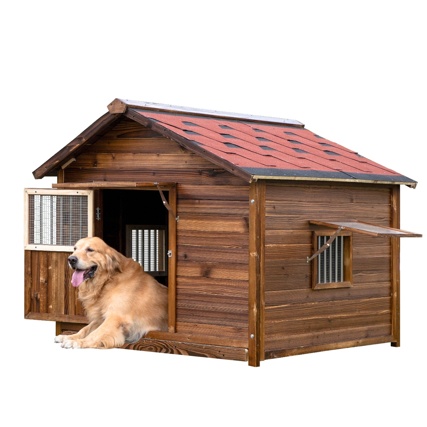 Outdoor Dog House Weatherproof with Window, Pine Wood Dog House with Elevated Floor for Large Dogs, Extra Large Dog House with Waterproof Roof