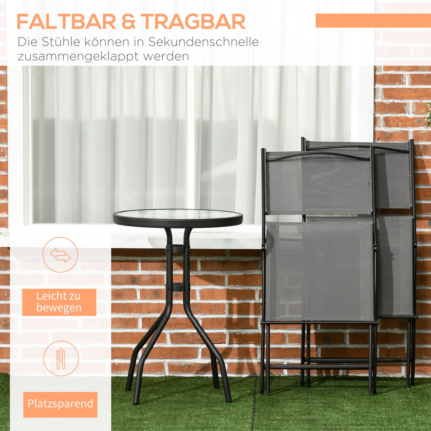 Garden furniture set for 2 people, with 1 table and 2 folding chairs, garden furniture made of grey steel