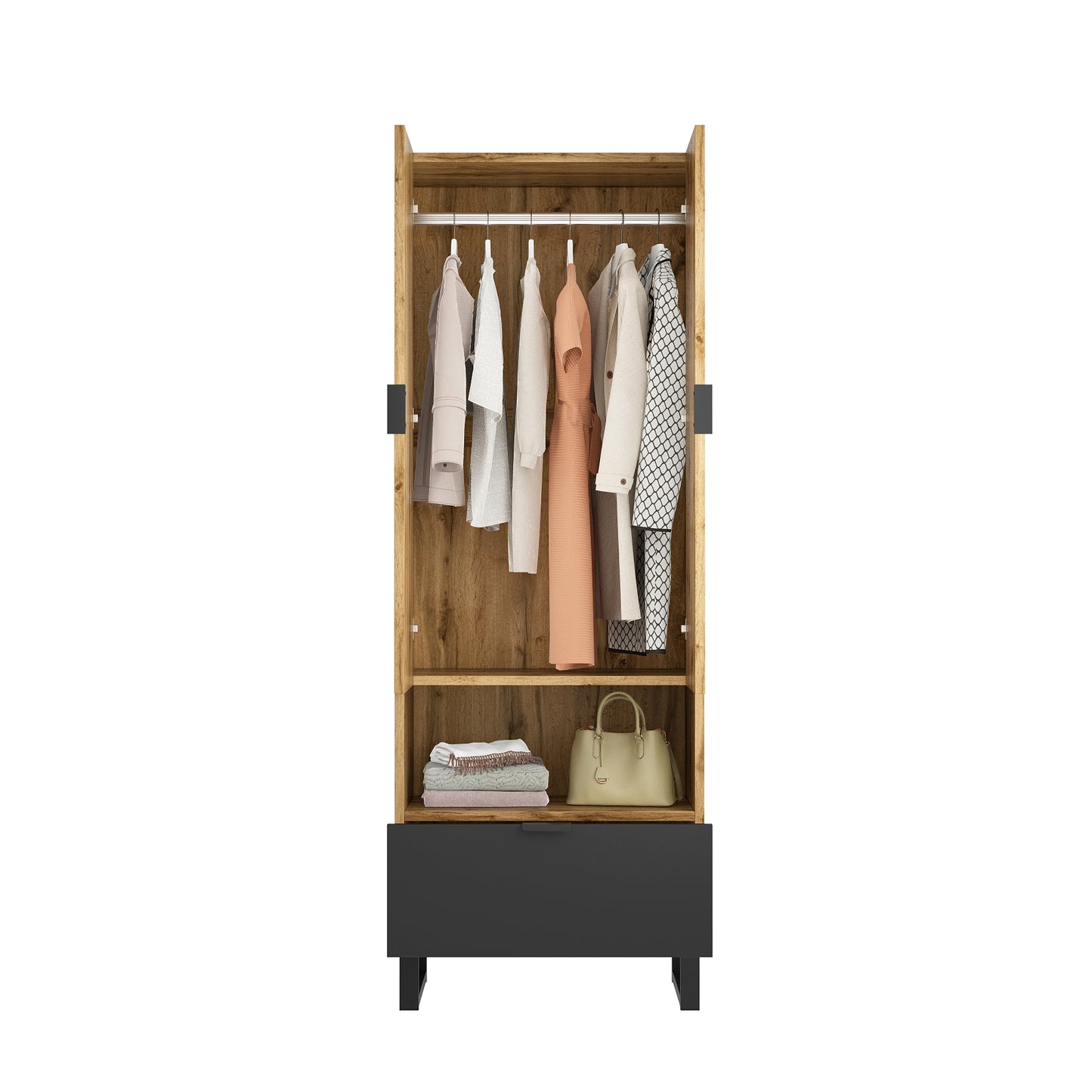 1-Drawer Wardrobe with Adjustable Shelves and Clothes Rail - 1 Compartment, Space-Saving Design