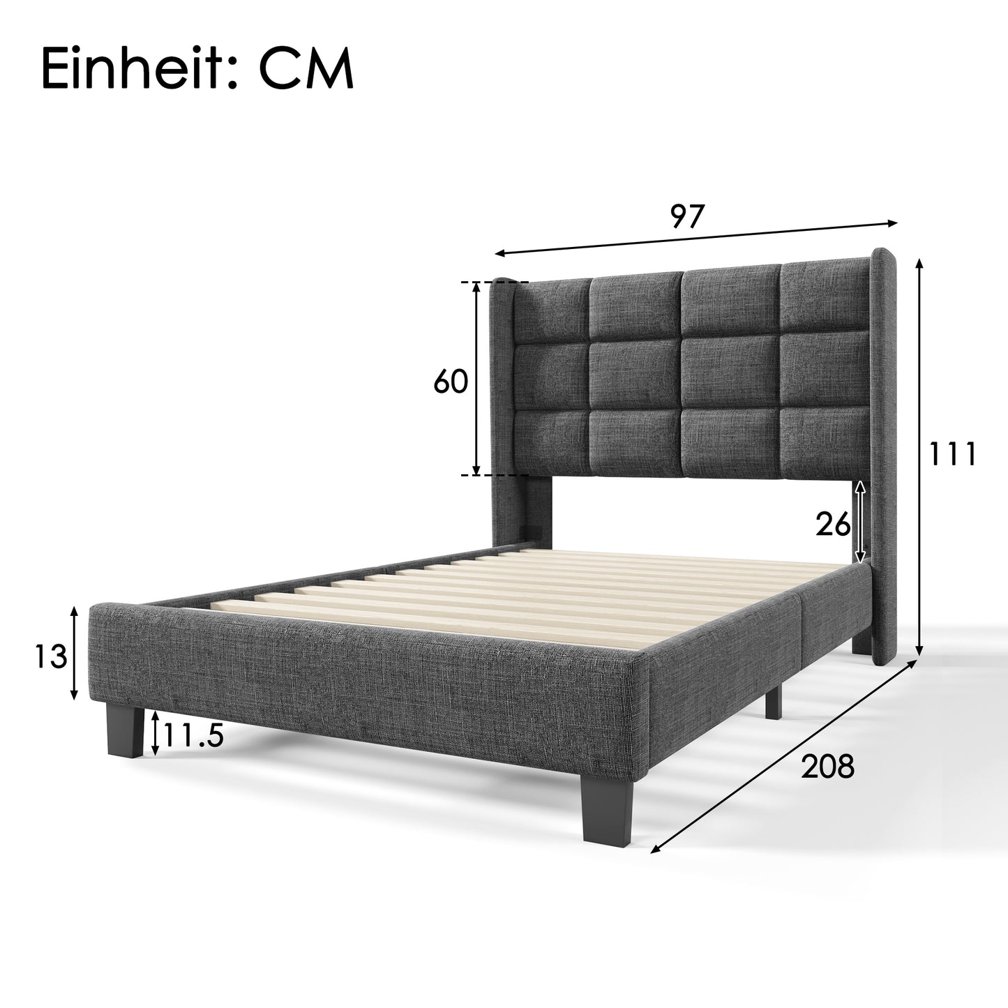 (Z)Modern Design Upholstered Bed - 90x200cm Grey Linen Single Bed with Headboard, Mattress Not Included