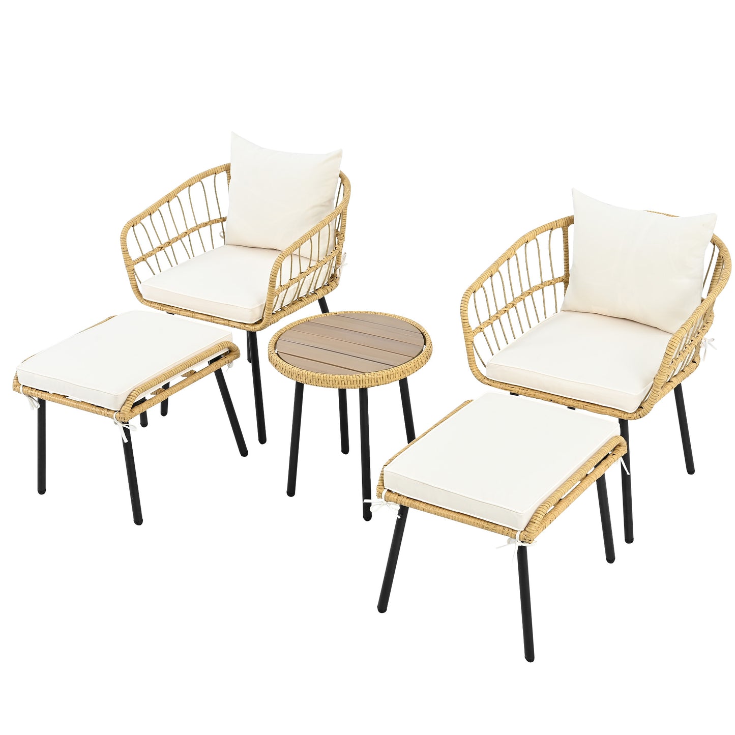 5-piece garden lounge set, including 1 dining table, 2 chairs, 2 stools, furniture, rattan, natural