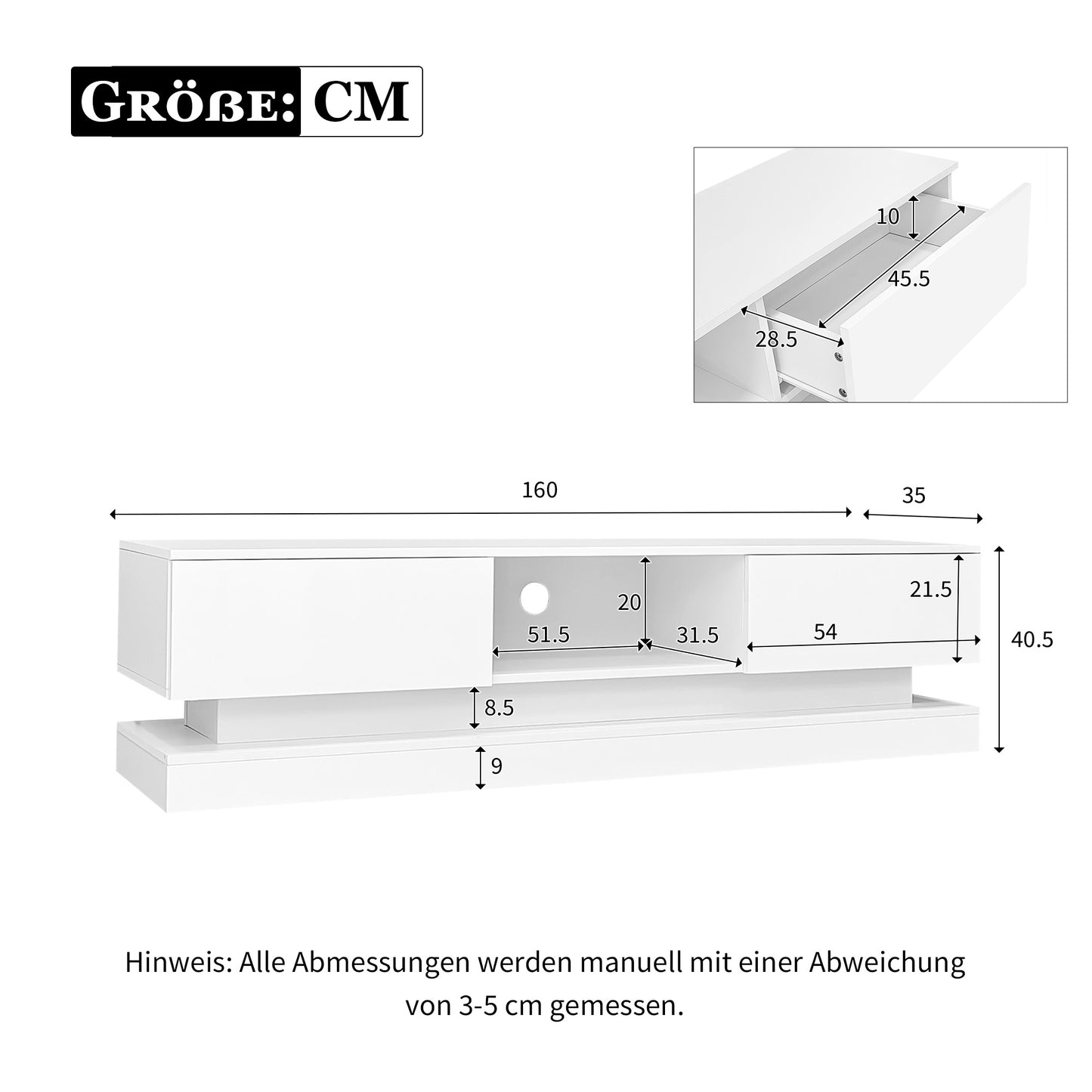 160cm High Gloss TV Cabinet with LED Lighting and 2 Drawers