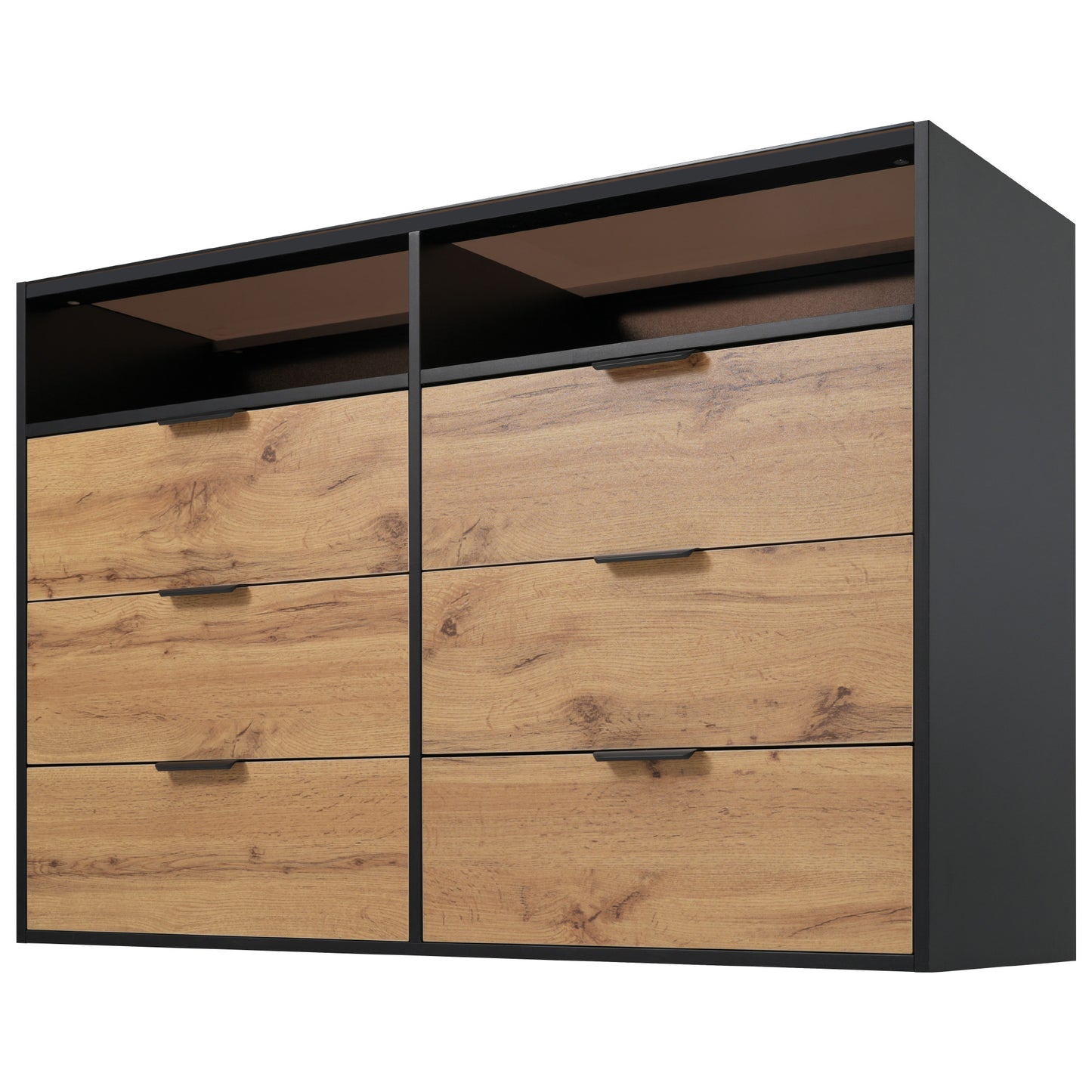 Amber Glass Metal Handle Sideboard-6 Drawers, 2 Compartments, Oak Finish