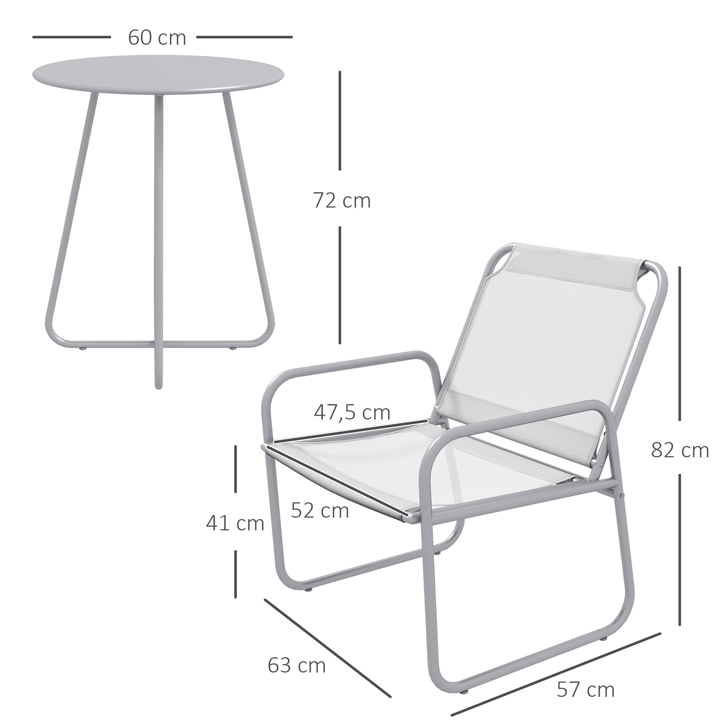 3-piece balcony furniture set, including 1 table and 2 chairs, for garden terrace, light grey