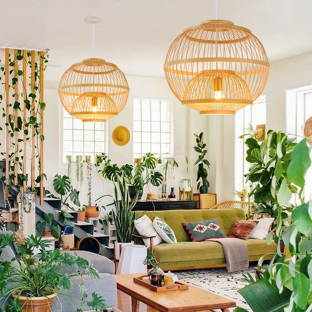 (M)Bamboo Pendant Ligting Globe Shade Ceiling Hanging Light E27 Sigle for Restaurant Home 1 Light