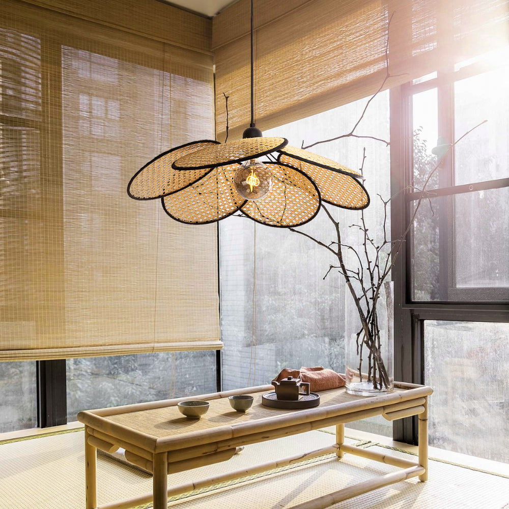(M)ARTURESTHOME Rattan Pendant Light Fixture Black Hanging Chandelier For Living Room