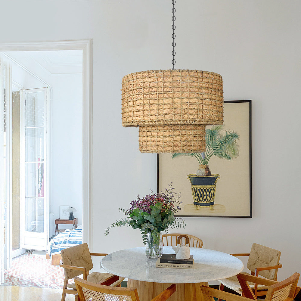 (M)ARTURESTHOME Pendant Light Fixture Rattan Drum Shade Chandelier For Living Room