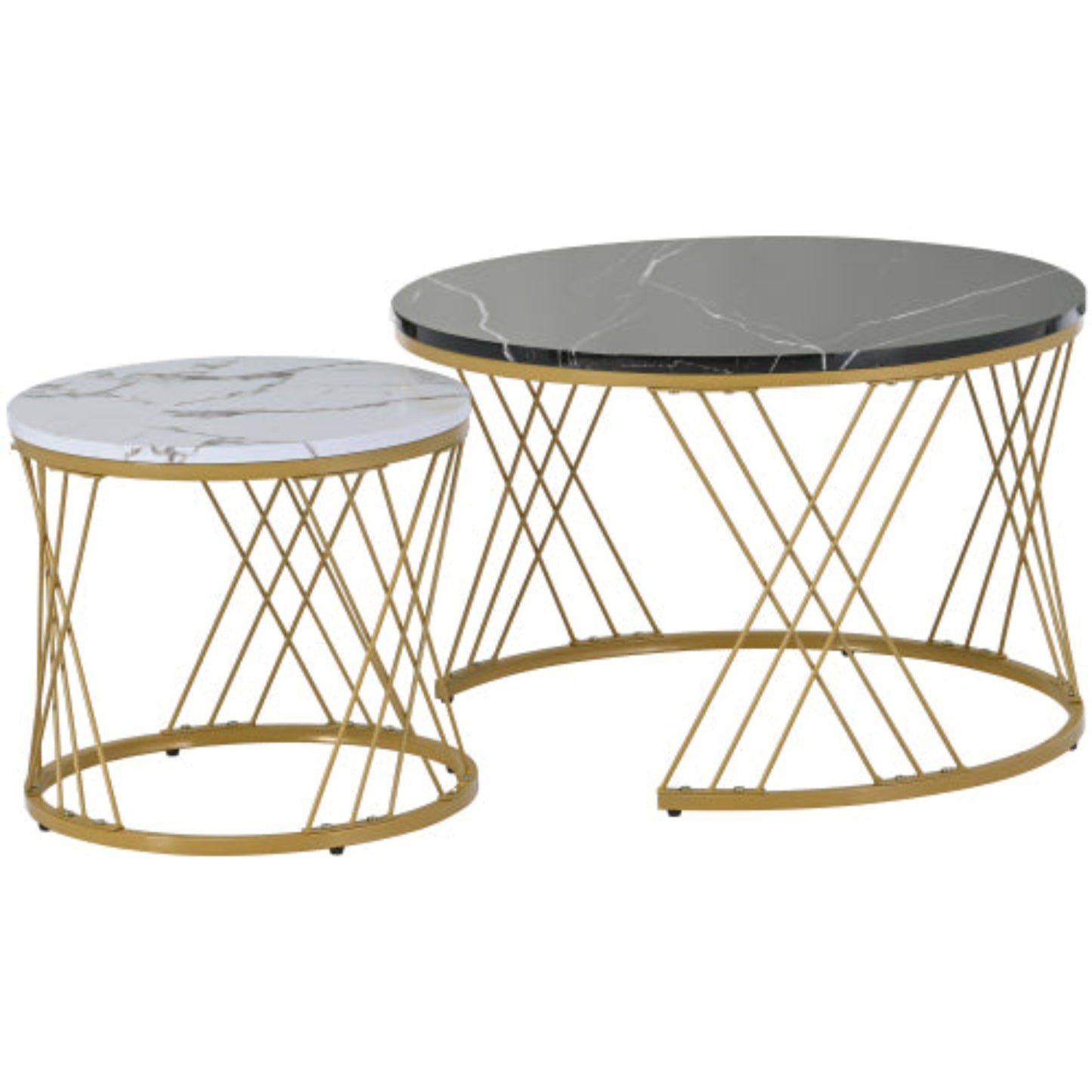 Golden Modern Nesting Coffee Tables,Marble Veneer, Round Set of 2