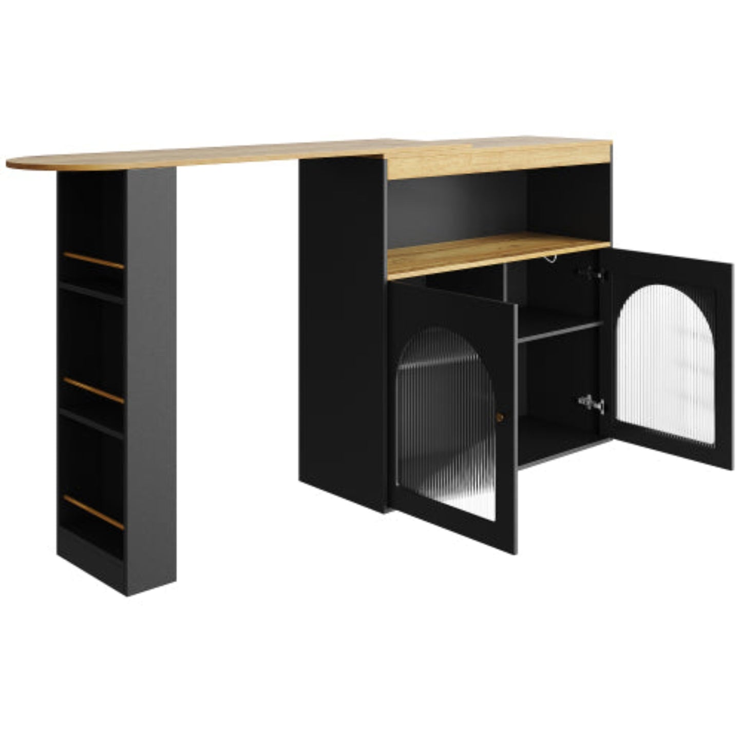 Black Modern Extendable Bar Table-Storage, Rotatable, LED Light, Dining,138-193x39x105cm