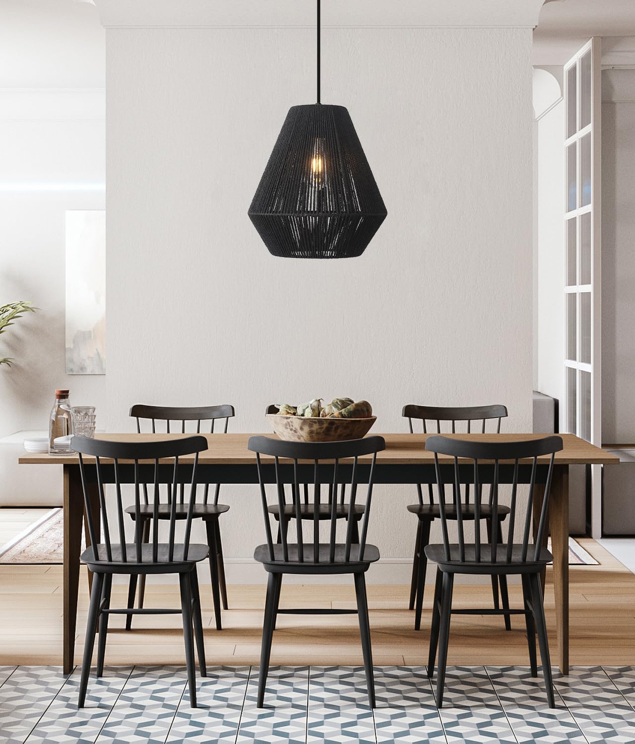(Y)Rattan Pendant Light 11.8 inch (Approx. 30 cm) Bohemian Pendant Light, Black Hand-Woven Basket Shade, Farmhouse Coastal Pendant Light for Kitchen Island Dining Room Living Room Hallway Foyer
