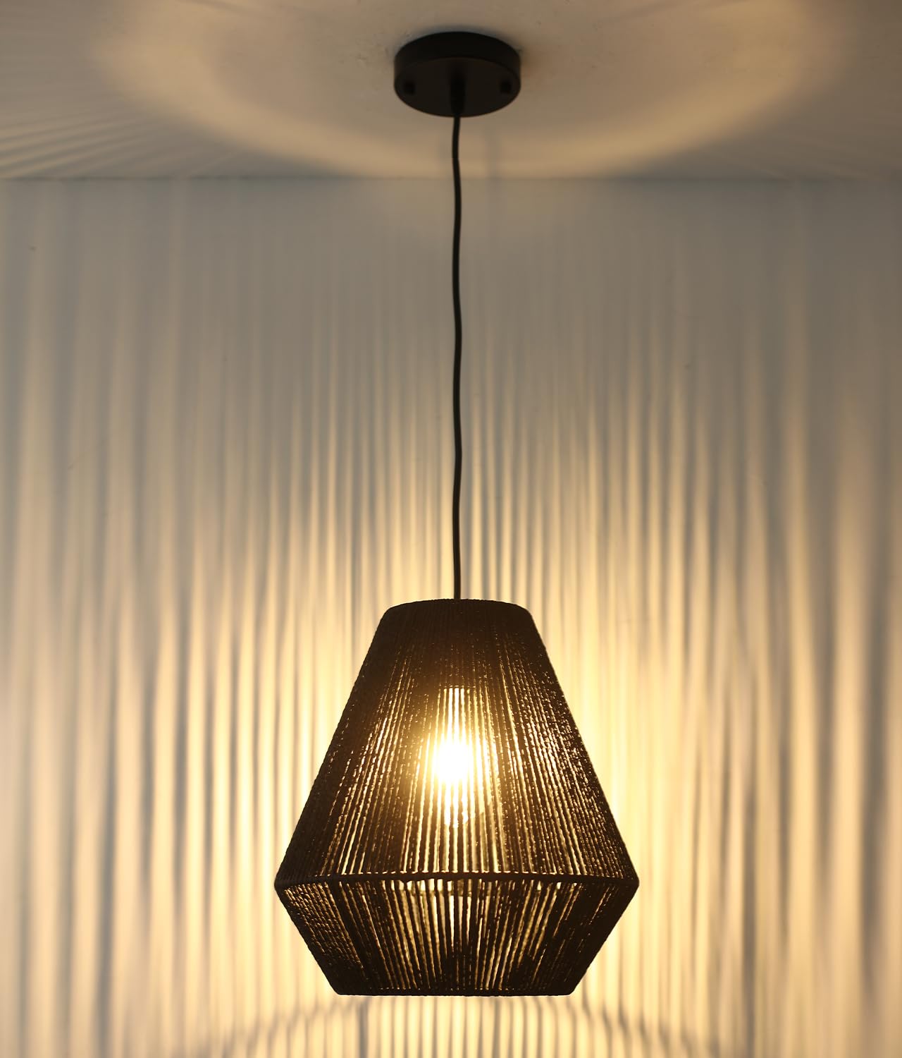 (Y)Rattan Pendant Light 11.8 inch (Approx. 30 cm) Bohemian Pendant Light, Black Hand-Woven Basket Shade, Farmhouse Coastal Pendant Light for Kitchen Island Dining Room Living Room Hallway Foyer