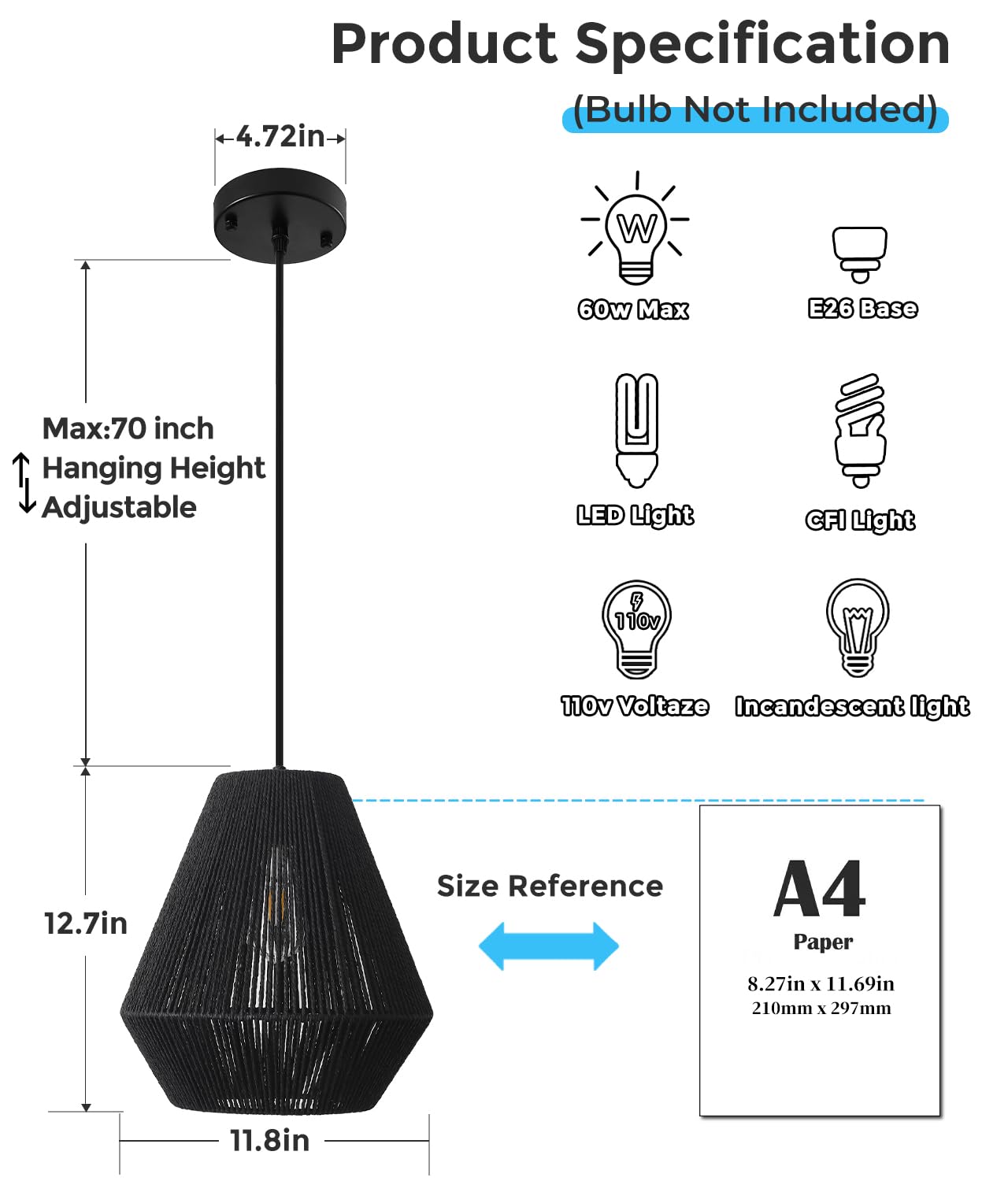 (Y)Rattan Pendant Light 11.8 inch (Approx. 30 cm) Bohemian Pendant Light, Black Hand-Woven Basket Shade, Farmhouse Coastal Pendant Light for Kitchen Island Dining Room Living Room Hallway Foyer