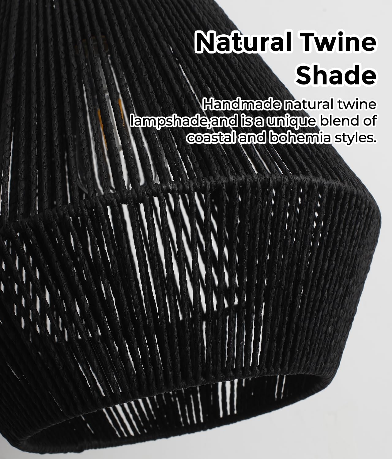 (Y)Rattan Pendant Light 11.8 inch (Approx. 30 cm) Bohemian Pendant Light, Black Hand-Woven Basket Shade, Farmhouse Coastal Pendant Light for Kitchen Island Dining Room Living Room Hallway Foyer