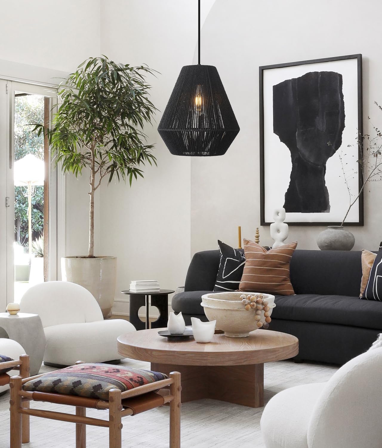(Y)Rattan Pendant Light 11.8 inch (Approx. 30 cm) Bohemian Pendant Light, Black Hand-Woven Basket Shade, Farmhouse Coastal Pendant Light for Kitchen Island Dining Room Living Room Hallway Foyer