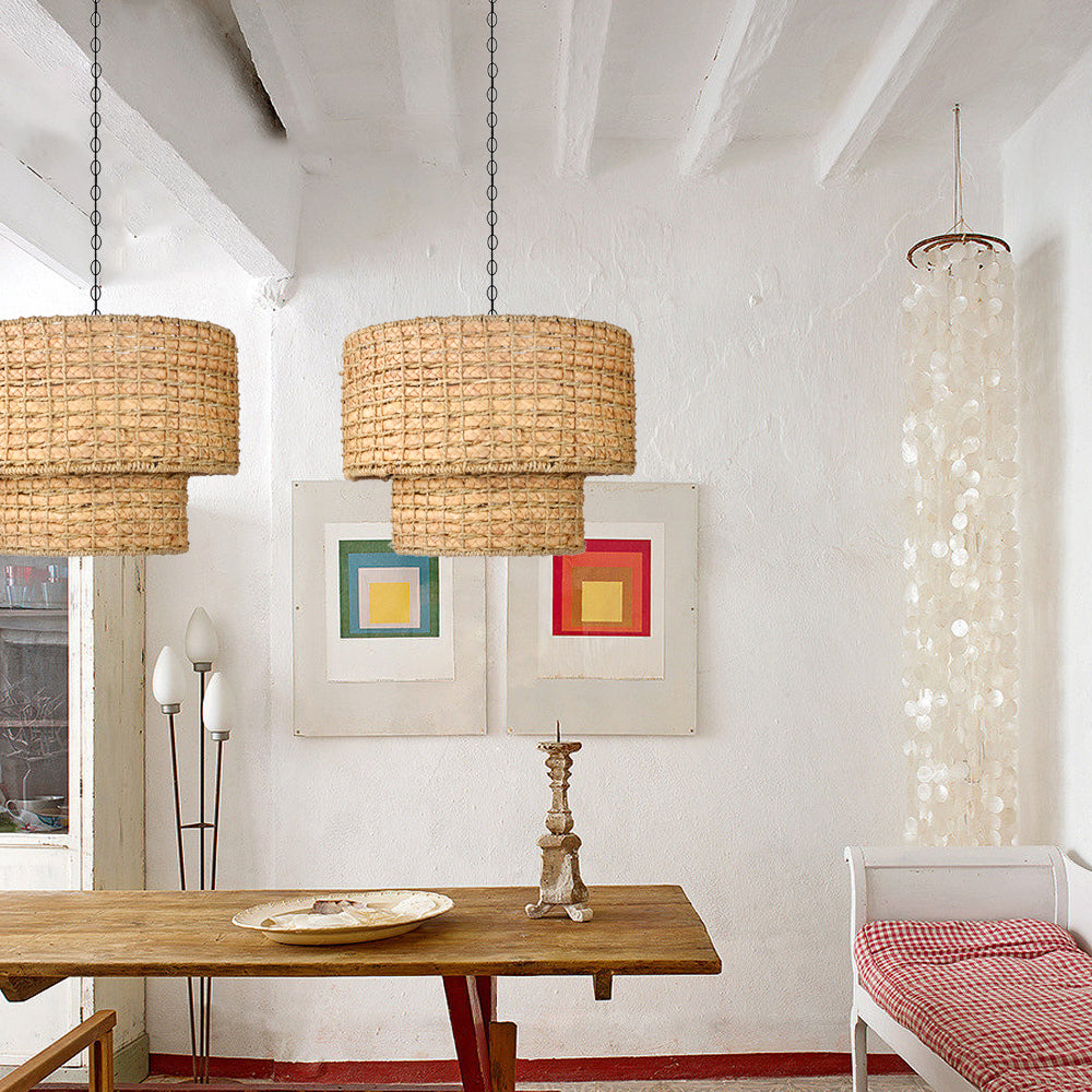 (M)ARTURESTHOME Pendant Light Fixture Rattan Drum Shade Chandelier For Living Room