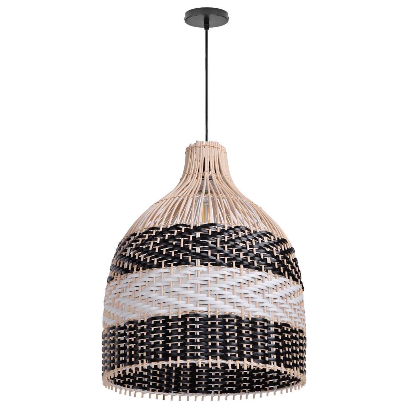 (M)ARTURESTHOME Pendant Light Fixture Black Rattan Drum Shade 1 Light Hanging Chandelier For Living Room
