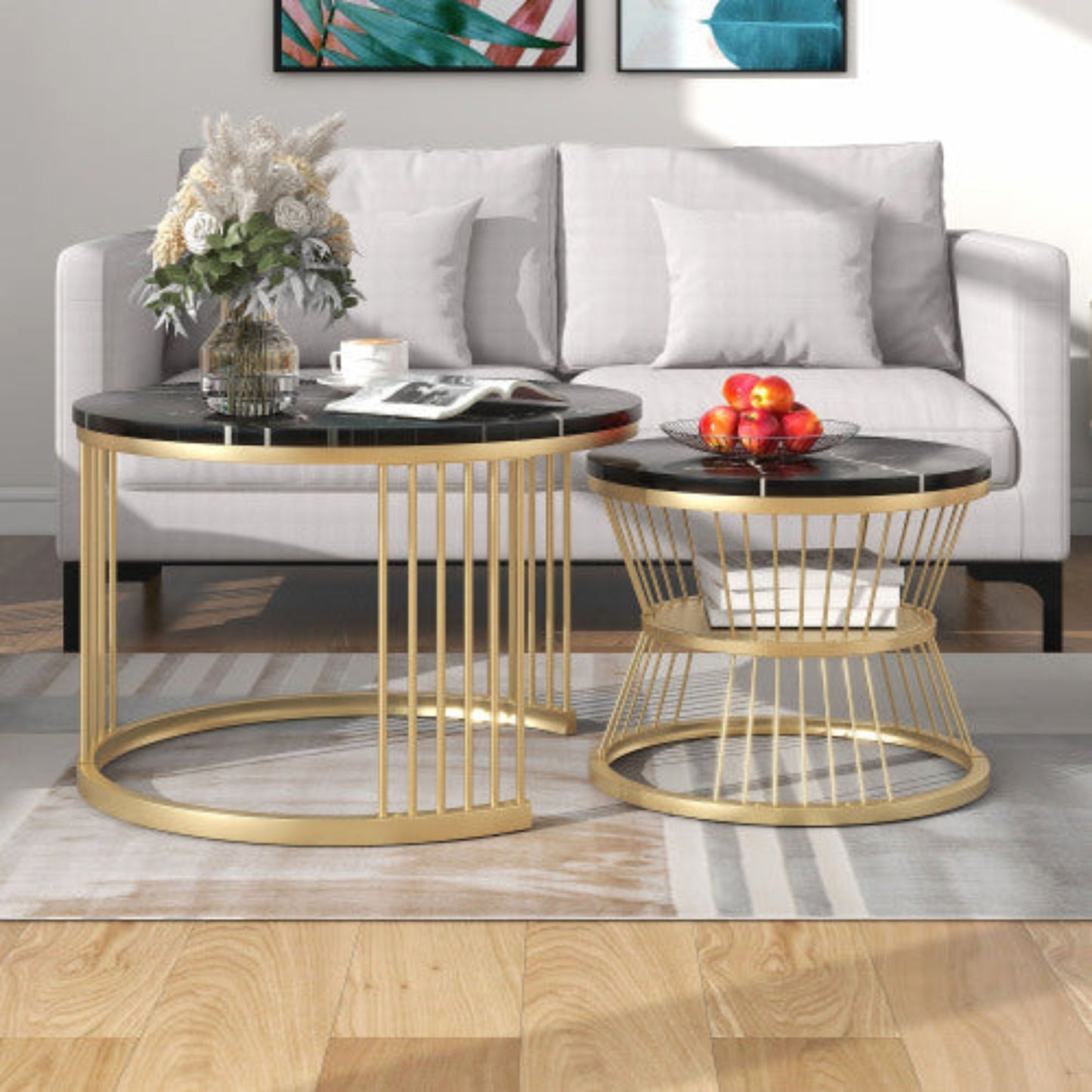 Modern Nesting Coffee Tables- Marble Veneer, BlackGolden Frame, Round Side Tables-Set of 2