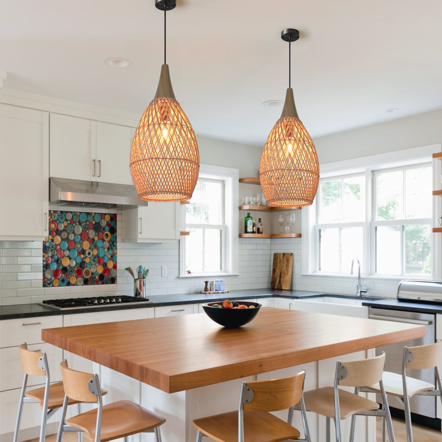 (Q) Handmade Rattan Pendant Light, Modern Minimalist Style Teardrop Shaped Lampshade Rattan Pendant Light, Suitable for Bedrooms