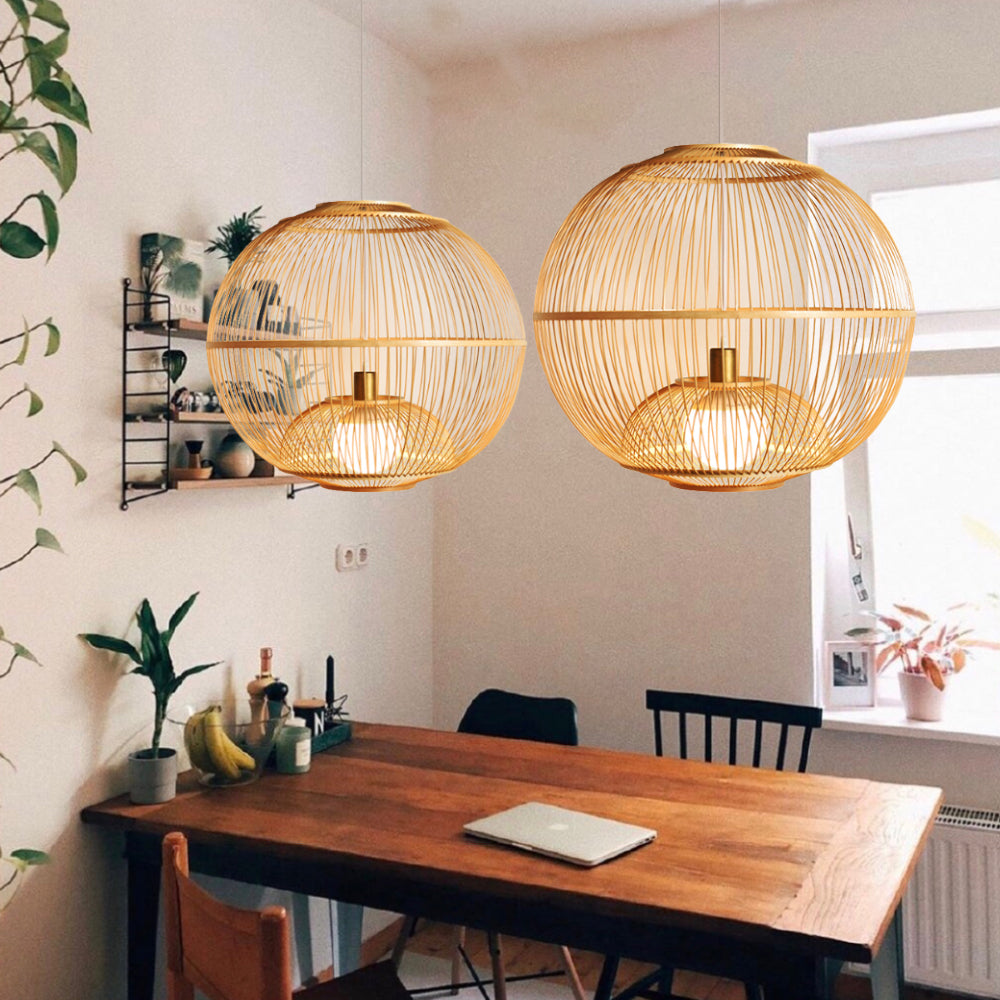 (M)Bamboo Pendant Ligting Globe Shade Ceiling Hanging Light E27 Sigle for Restaurant Home 1 Light