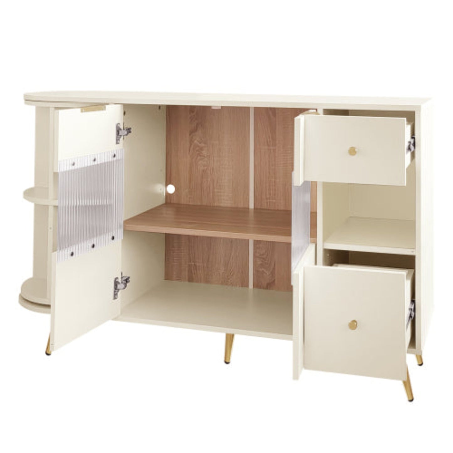 Beige Wooden Sideboard-Sliding Glass Doors, LED Lights, DiningLiving Room Storage Cabinet