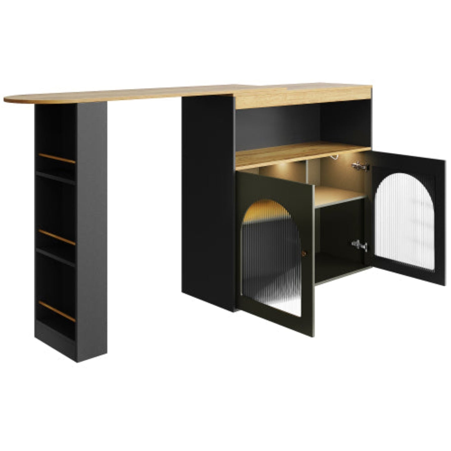 Black Modern Extendable Bar Table-Storage, Rotatable, LED Light, Dining,138-193x39x105cm