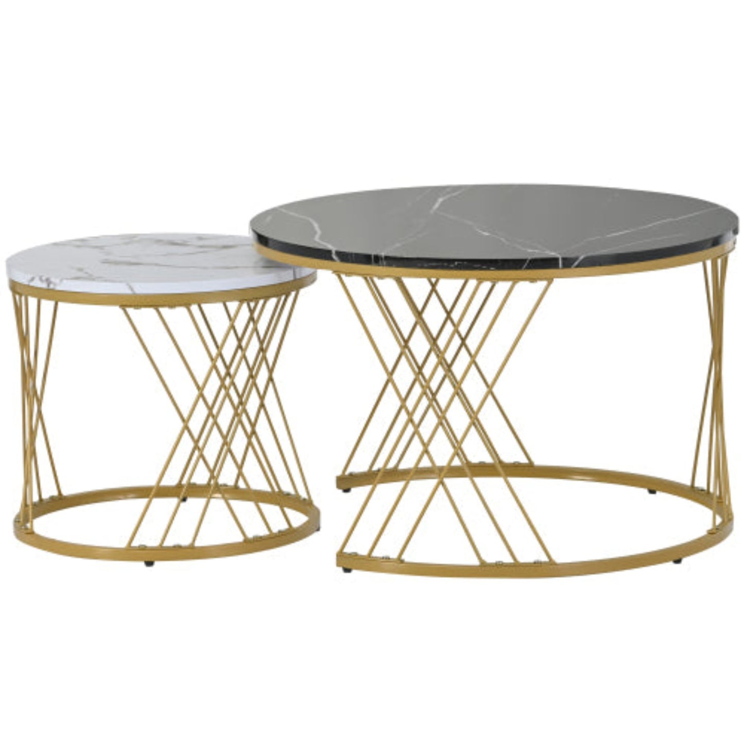 Golden Modern Nesting Coffee Tables,Marble Veneer, Round Set of 2