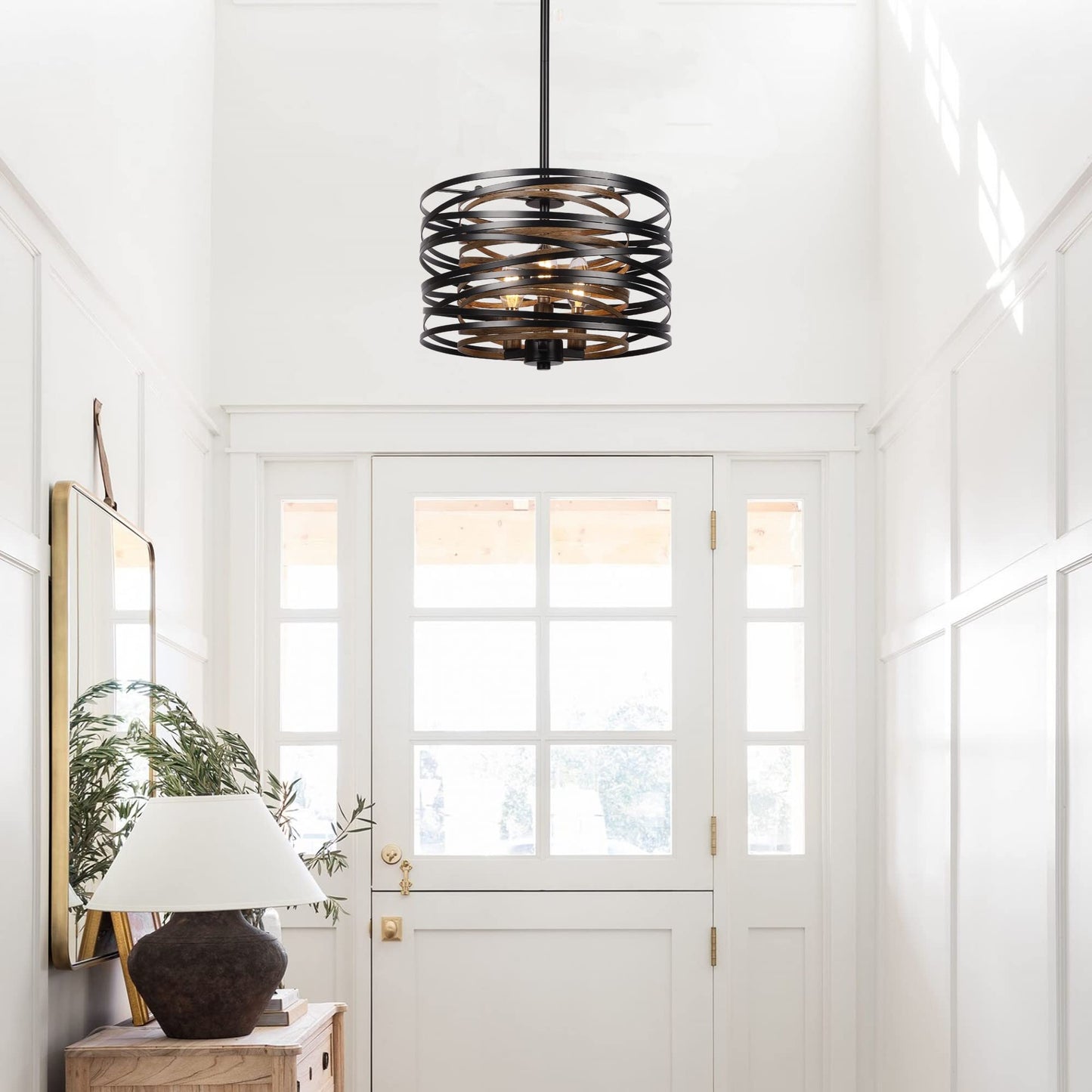 (Y)12.6 Inch (Approx. 31.6 cm) Dining Room Farmhouse Pendant Light, 3 Light Industrial Metal Pendant Light Fixture, Rustic Drum Pendant for Entryway Kitchen Foyer Bedroom, Black with Vintage Wood Grain Interior