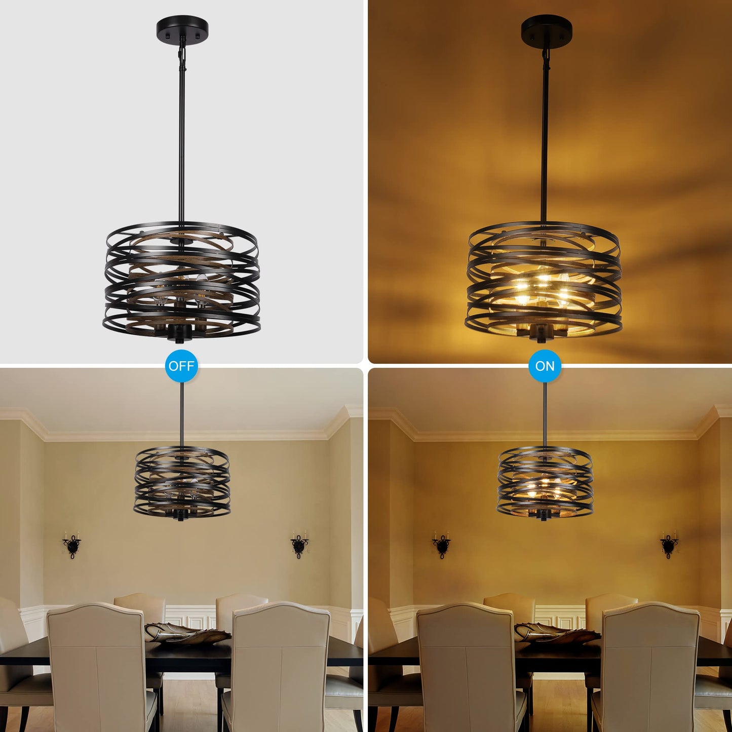 (Y)12.6 Inch (Approx. 31.6 cm) Dining Room Farmhouse Pendant Light, 3 Light Industrial Metal Pendant Light Fixture, Rustic Drum Pendant for Entryway Kitchen Foyer Bedroom, Black with Vintage Wood Grain Interior