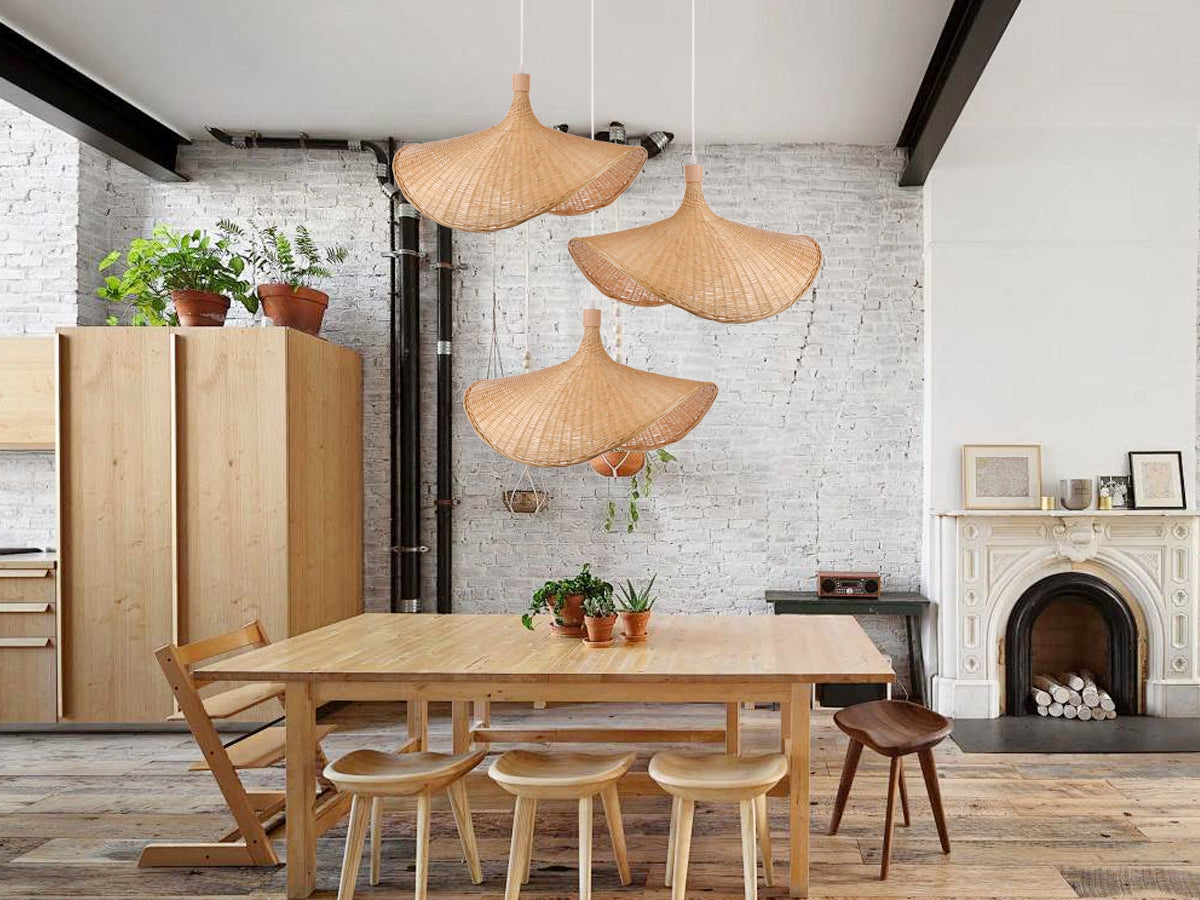 (Q)Handmade Bamboo Pendant Light, Bohemian Style Bamboo Fan Lampshade Pendant Light, Suitable for Kitchen, Living Room, Bedroom
