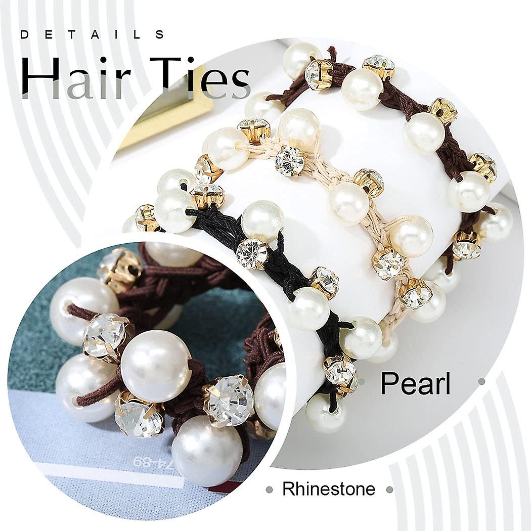 (Y)Hair Strap Black Elastic Hair Hoop Pearl Hair Strap Crystal Hair Rope Women and Girls Hair Accessories (3-Piece Set) Black, Coffee, Beige 5CM