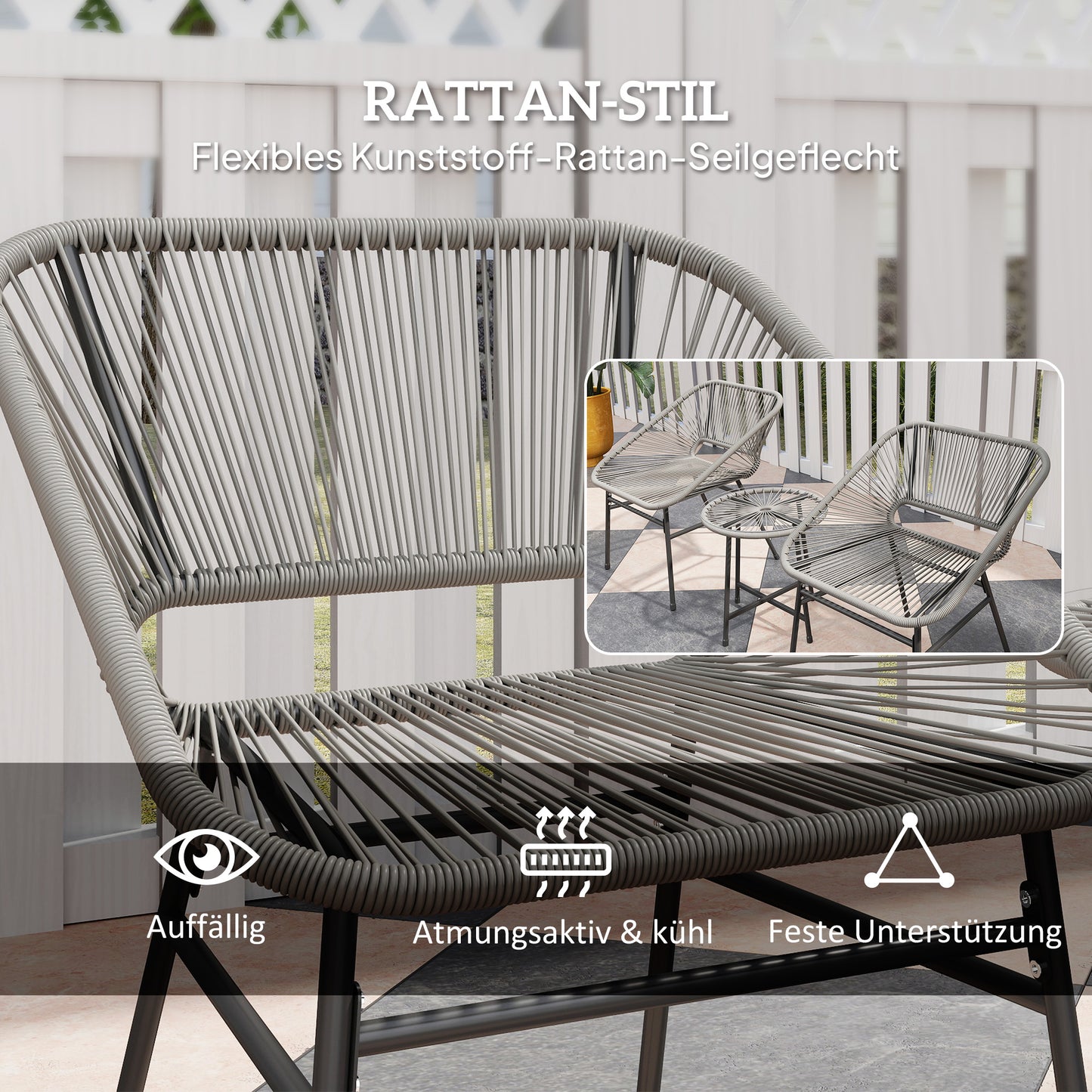 Poly rattan garden furniture set, outdoor lounge balcony furniture, 3-piece seating set, weatherproof garden lounge chairs for garden, patio, balcony