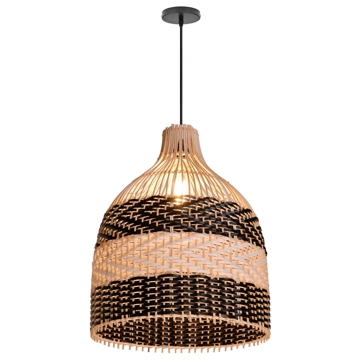 (M)ARTURESTHOME Pendant Light Fixture Black Rattan Drum Shade 1 Light Hanging Chandelier For Living Room