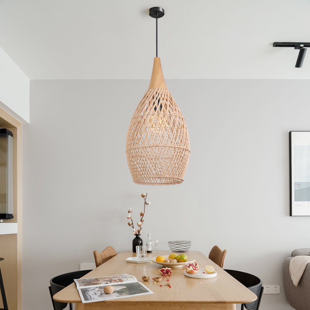 (Q) Handmade Rattan Pendant Light, Modern Minimalist Style Teardrop Shaped Lampshade Rattan Pendant Light, Suitable for Bedrooms