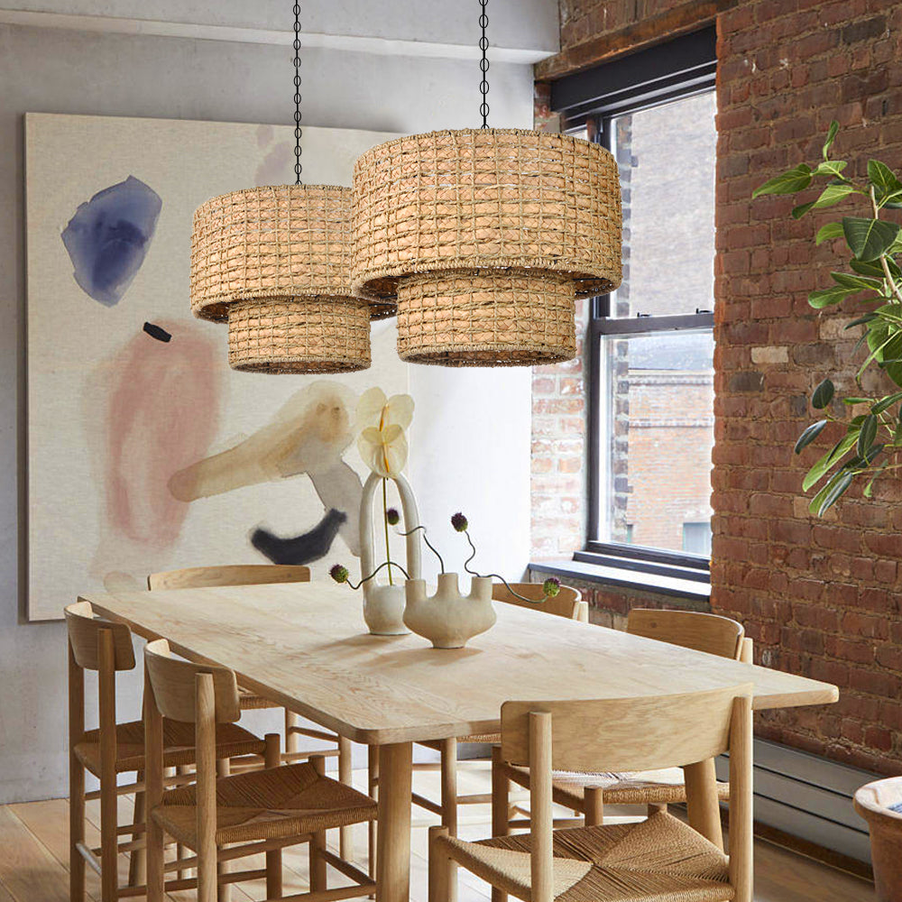 (M)ARTURESTHOME Pendant Light Fixture Rattan Drum Shade Chandelier For Living Room