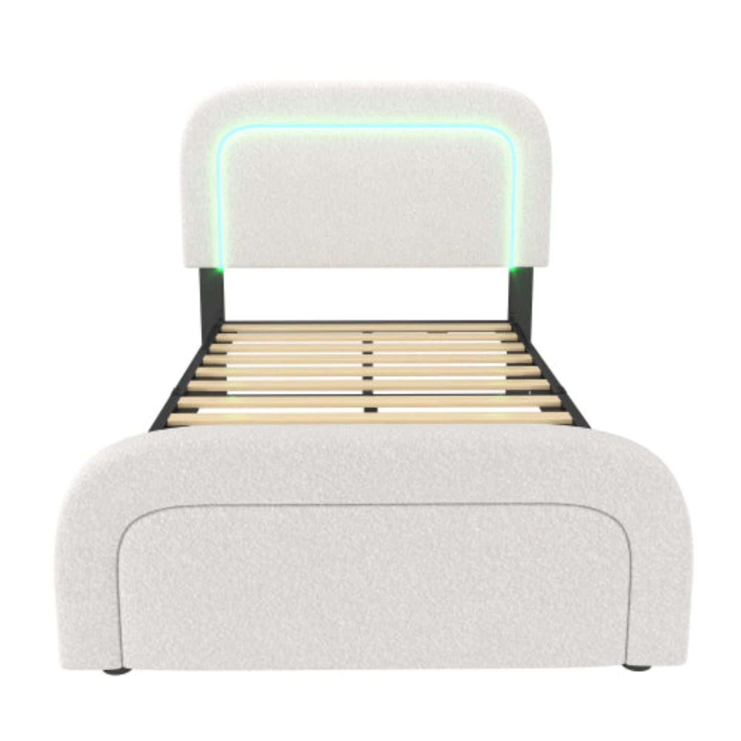 Sherp White Upholstered Bed Frame-USB-C, LED Lights, Adjustable Headboard, Wooden Slats