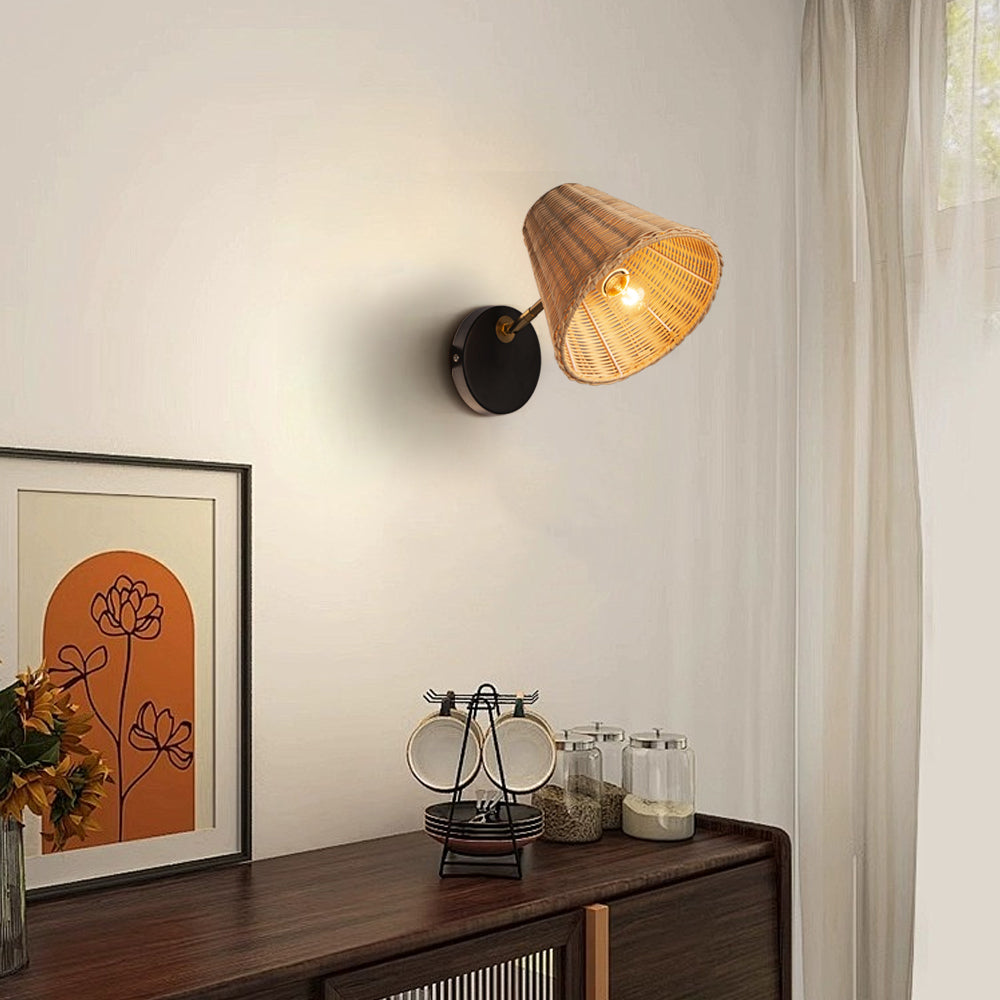 (M)Rattan Wall Lamp Lantern Wall Sconces Wicker Lamp Hand Woven Rattan Wall Light Farmhouse Rustic Boho Sconces Wall Lighting for Living Room Bedroom