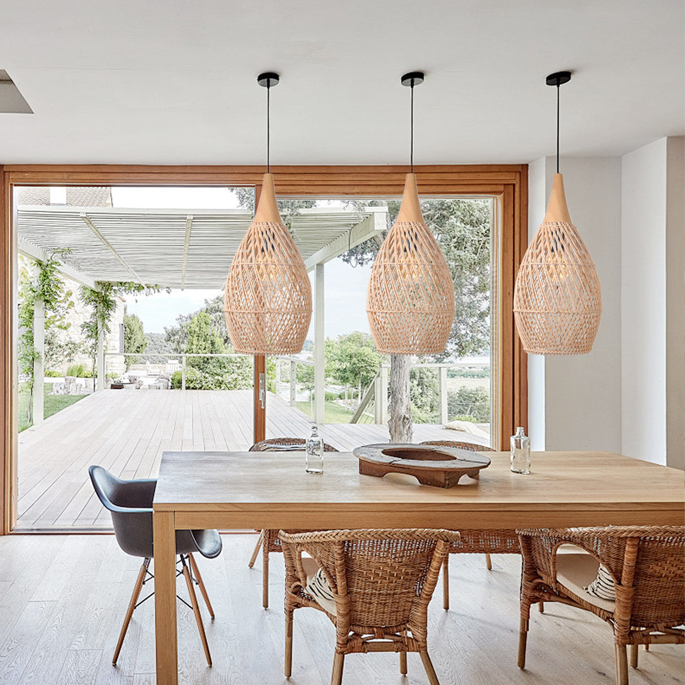 (Q) Handmade Rattan Pendant Light, Modern Minimalist Style Teardrop Shaped Lampshade Rattan Pendant Light, Suitable for Bedrooms