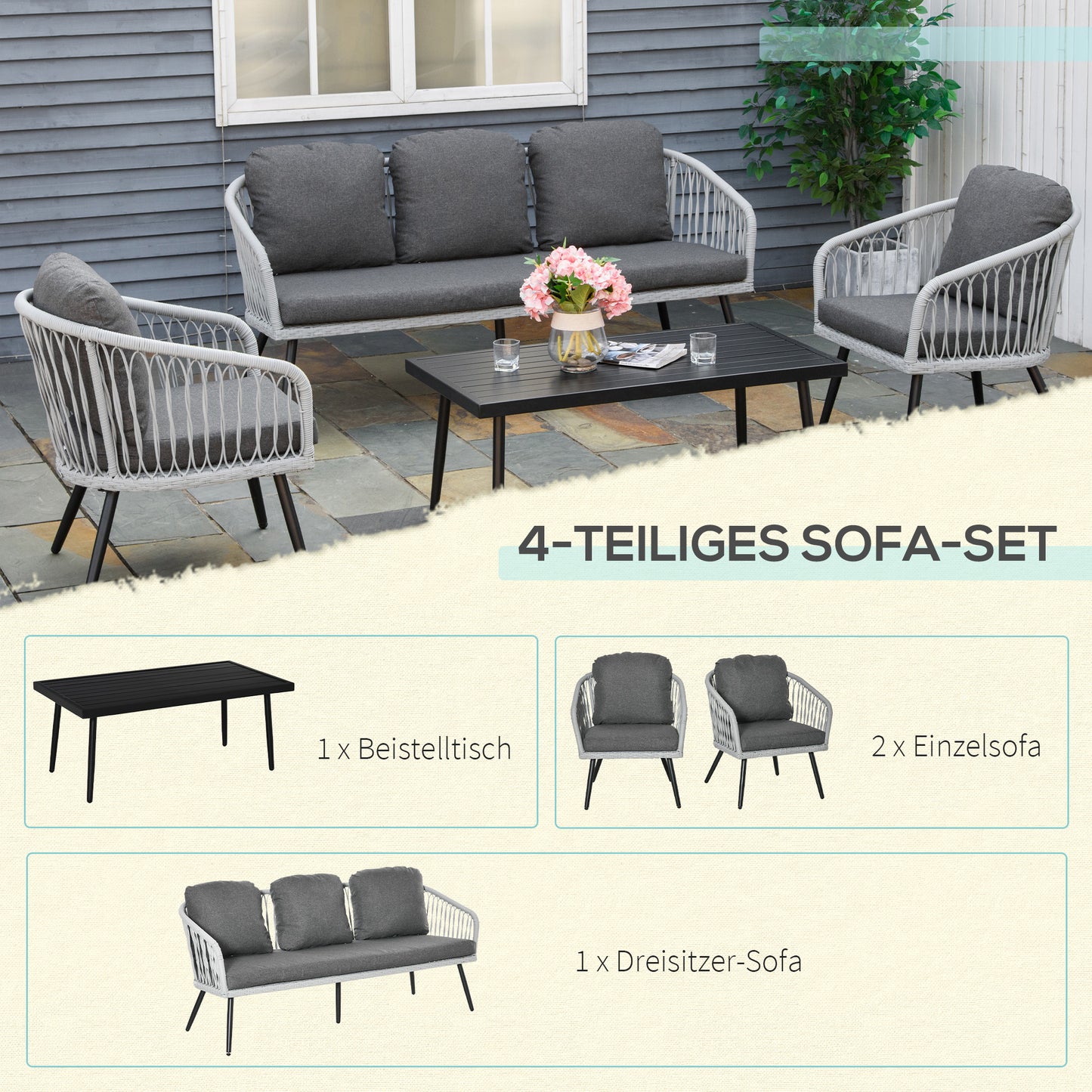 Poly rattan garden furniture set for 5 people, seating group with cushions, aluminium frame, grey, perfect for terraces and balconies